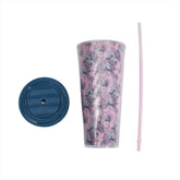 1- كوب مع مصاص وغطاء بنقشة نباتات استوائية