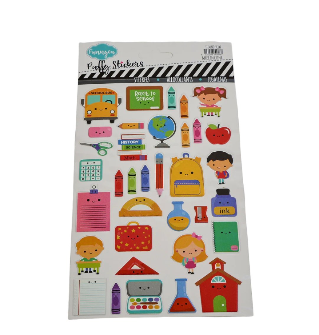 Kids Puffy Sticker Set – School, Vehicles, Food Themes 7