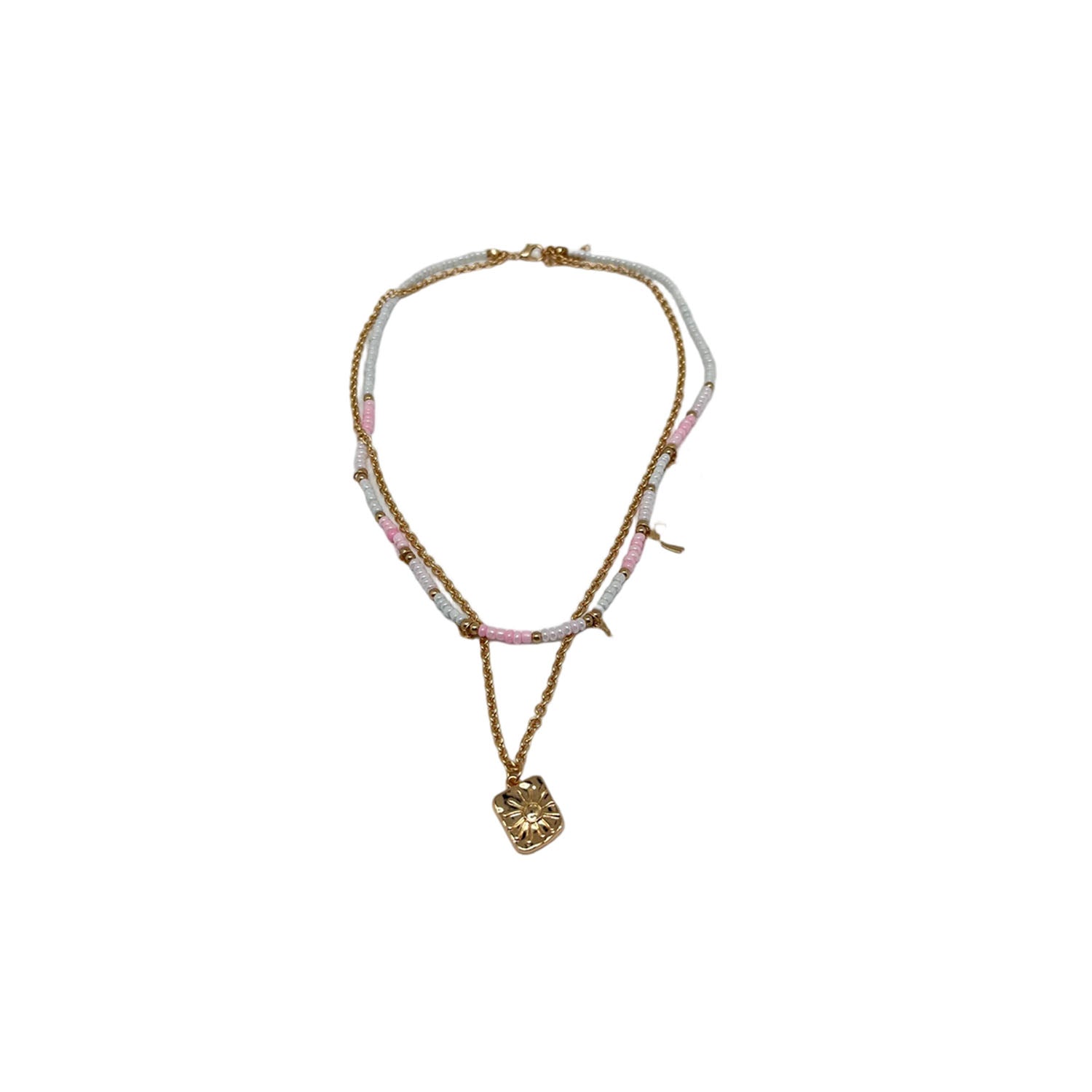 Double Layer Necklace with Pink and Gold Beads 2