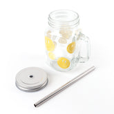 كوب زجاجي بغطاء وماصة بتصميم وجه مبتسم