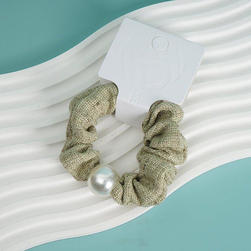 Olive Green Hair Scrunchie with Pearl Detail 4