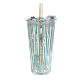 كوب زجاجي مخطط شفاف 750 مل بغطاء ومصاص