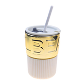 كوب زجاجي أبيض ذهبي بغطاء وماصة 450 مل