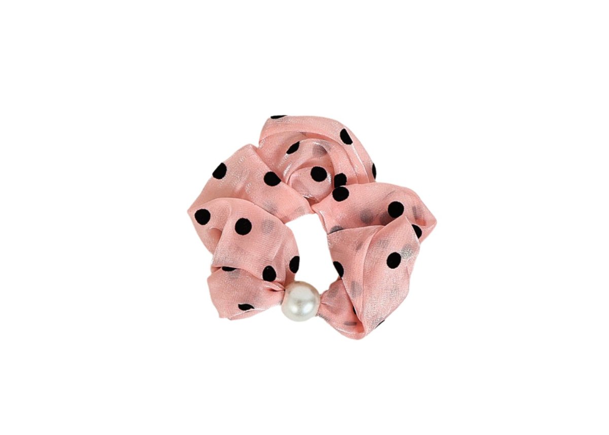 Pink Polka Dot Hair Scrunchie with Pearl Detail 1