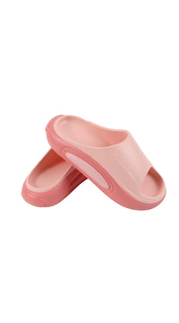 Ladies home slippers, pale pink slip-on slides with open toe and contoured sole