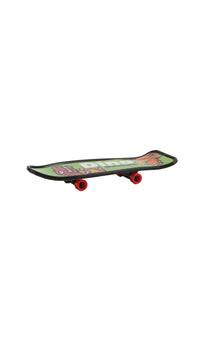 Finger skateboard deck with green dinosaur graphic and red wheels