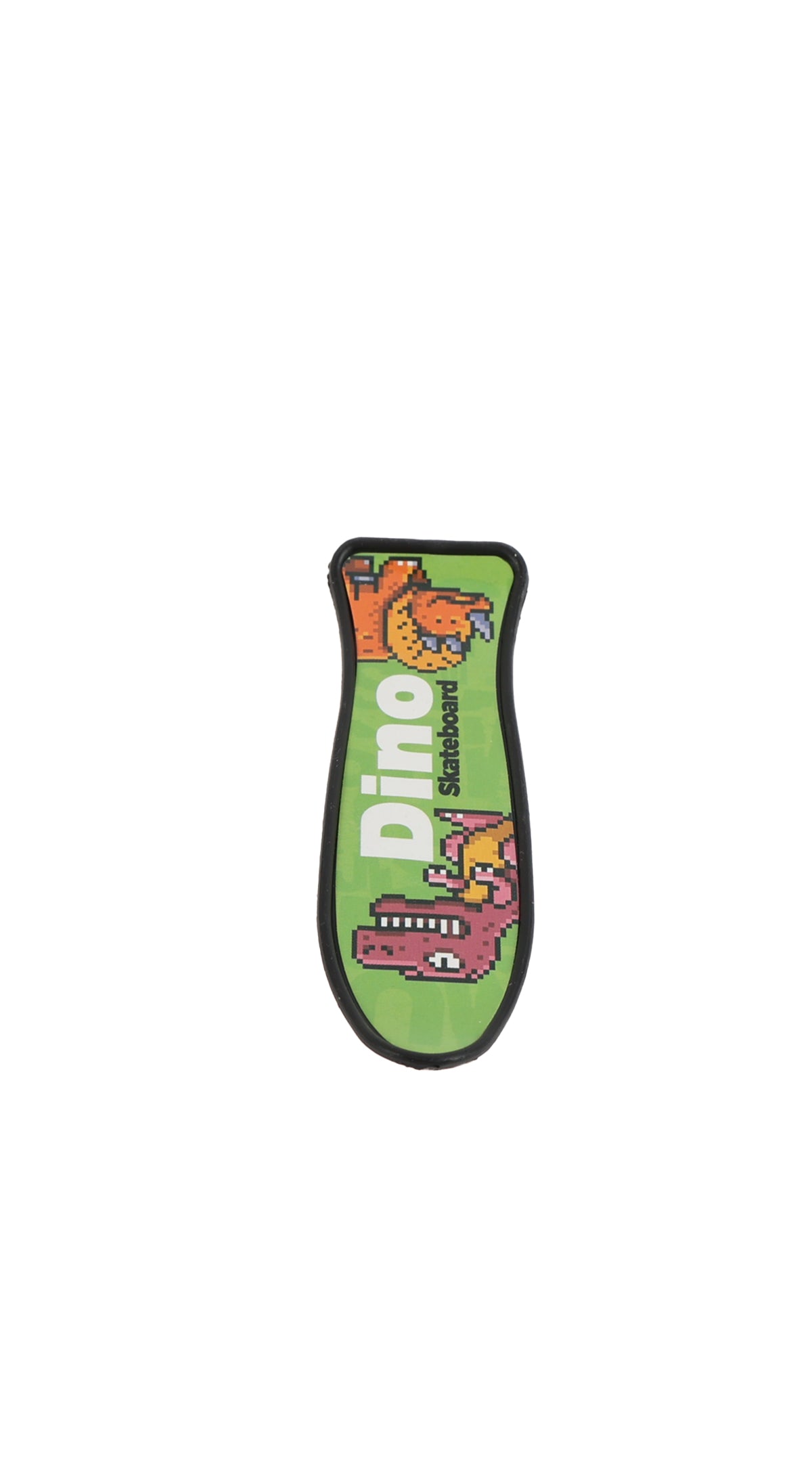 Finger skateboard deck with green Dino panel and dinosaur characters
