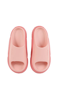 Ladies home slippers, pale pink slide sandals with open toe and textured footbed
