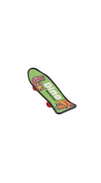 Finger skateboard deck with green Dino graphic and red wheels