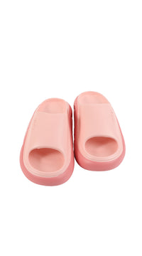 Ladies home slippers, pale pink open-toe slide sandals with visible mesh lining