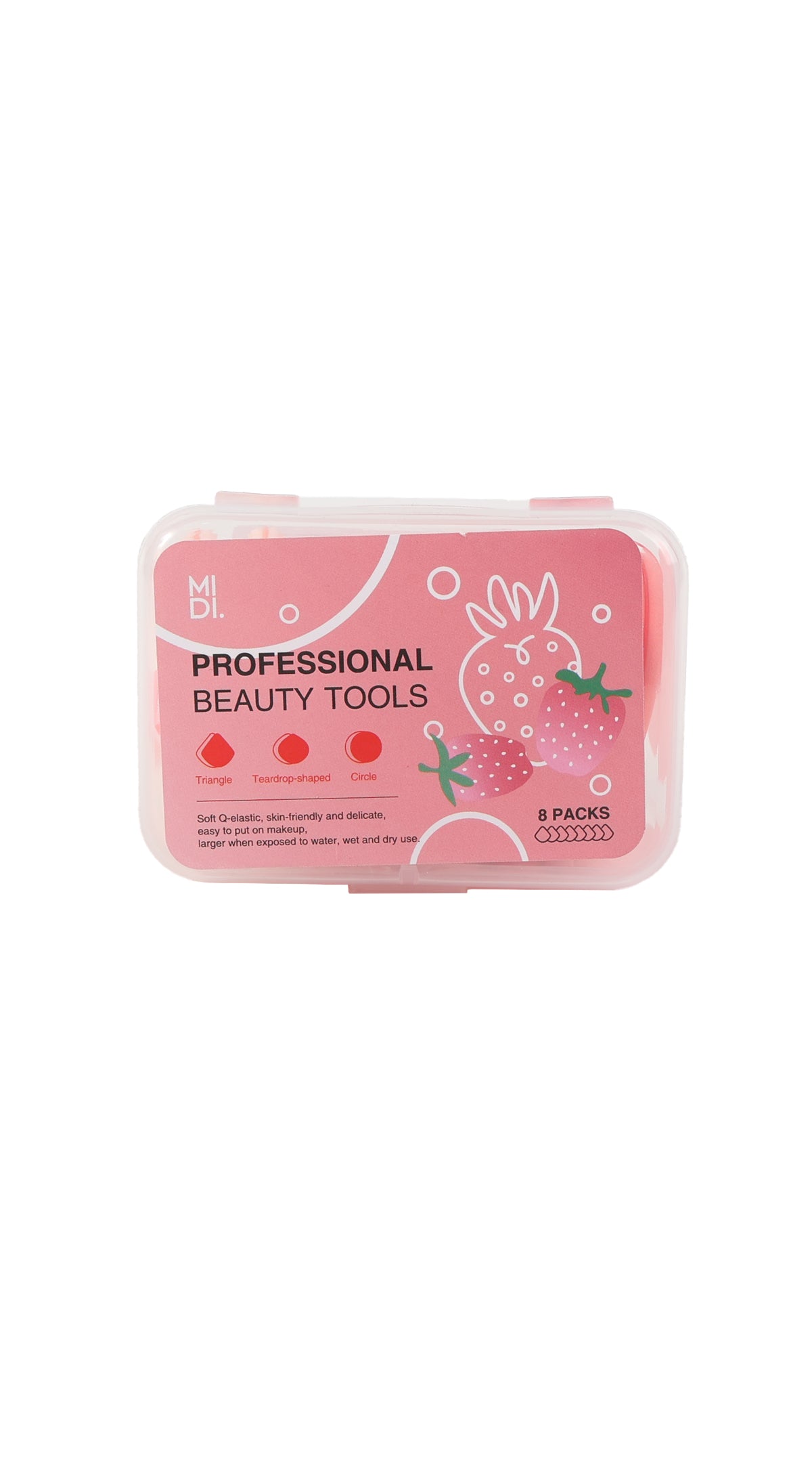 8-pack heart-shaped makeup sponges in a clear pink storage box