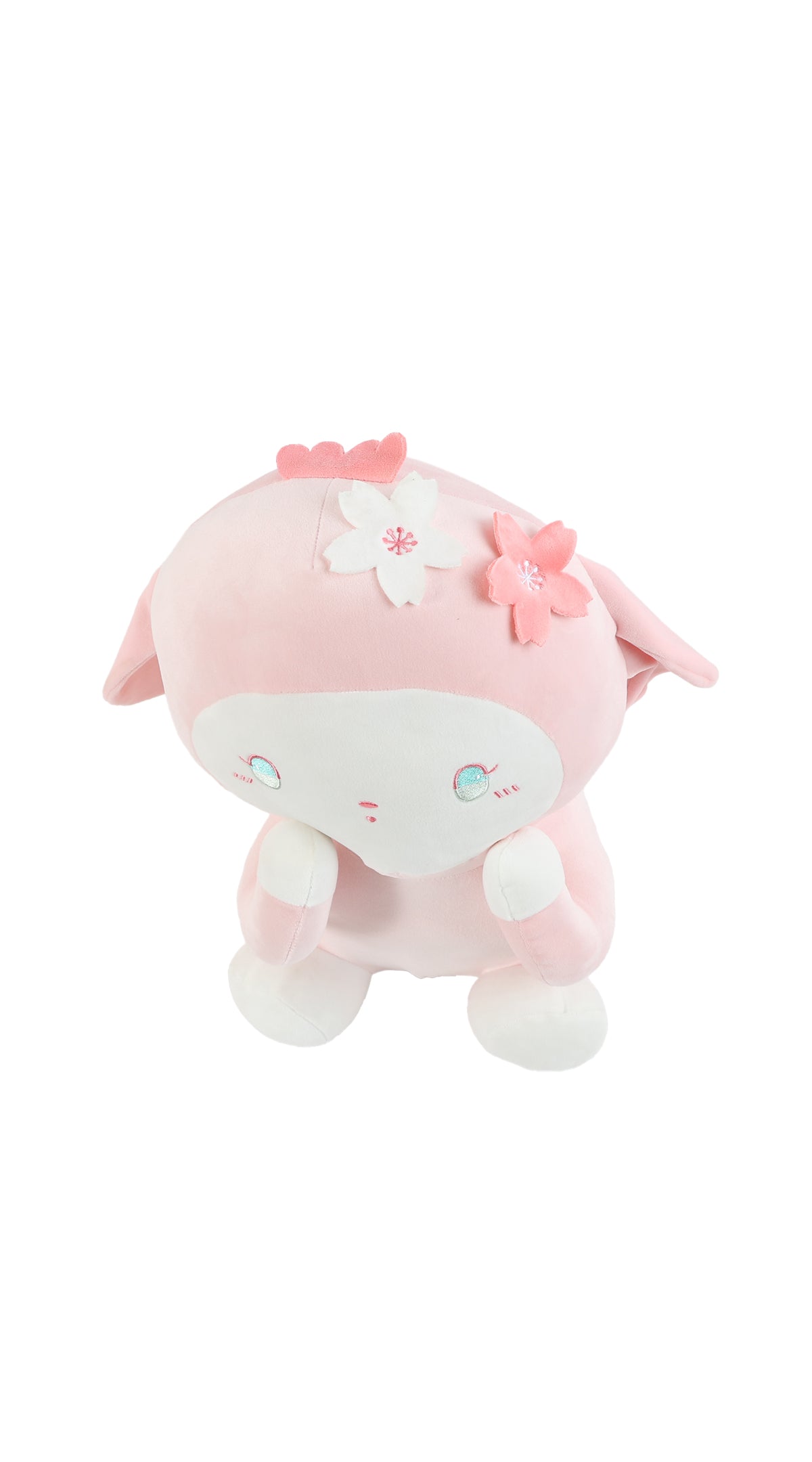 Pink plush rabbit with flower appliques, cute smiling face, long ears and feet.
