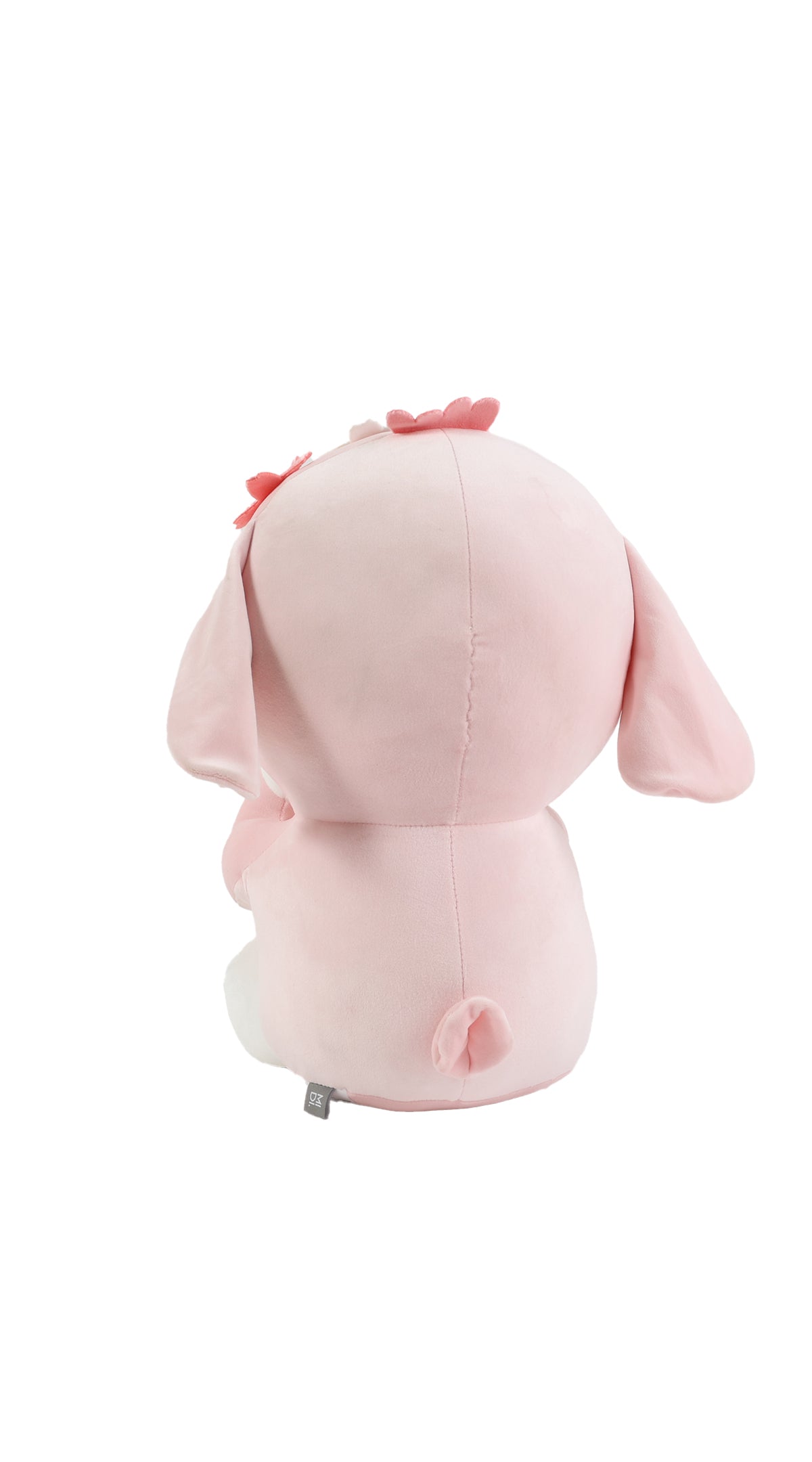 Pink plush rabbit from back, bow accents on head, rounded plush body.