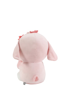 Pink plush rabbit from back, bow accents on head, rounded plush body.