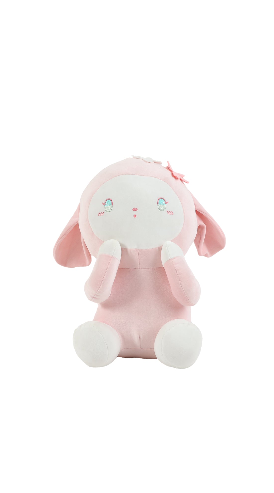 Pink plush rabbit sitting upright, stitched face with blush, floppy long ears.