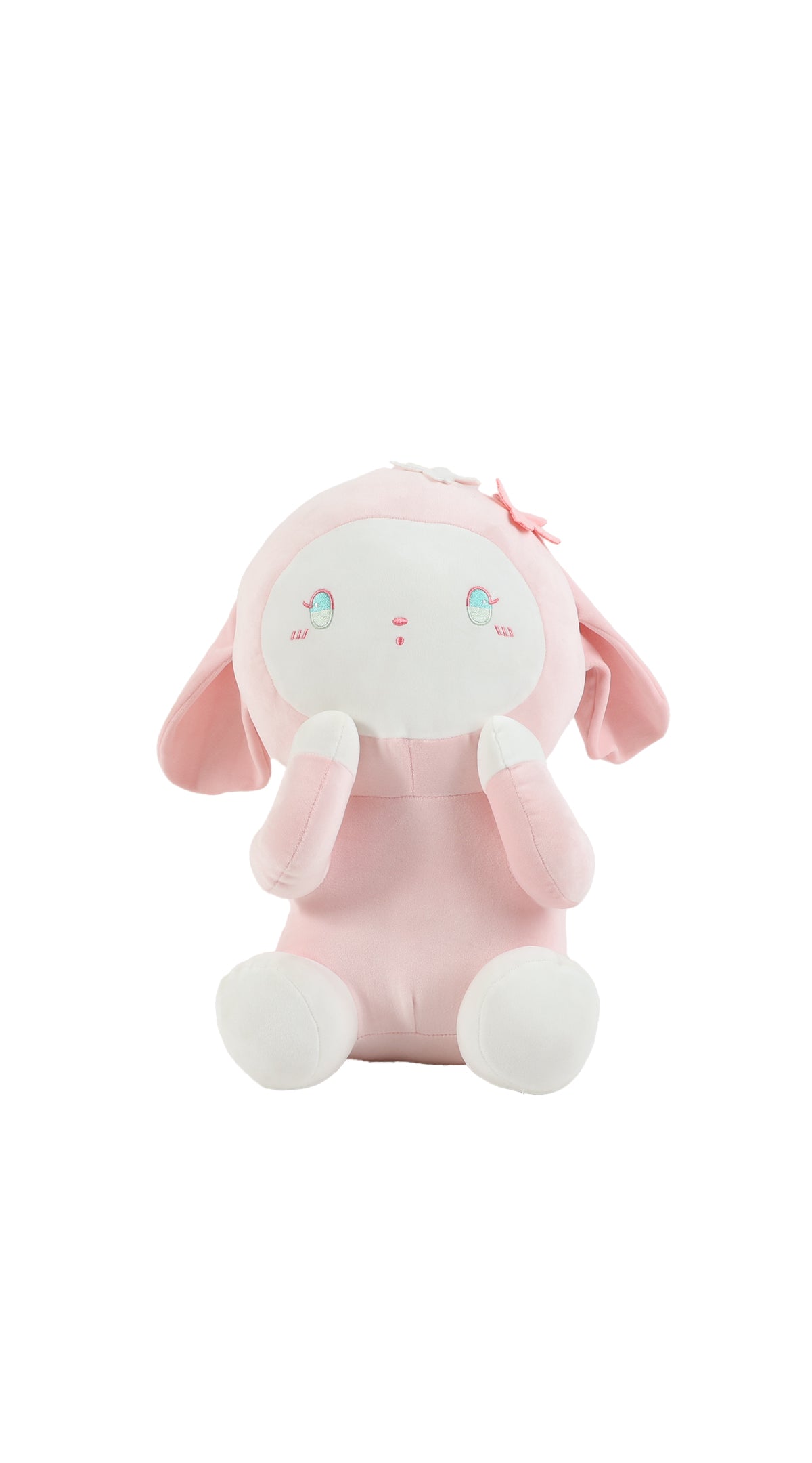 Pink plush rabbit sitting upright, stitched face with blush, floppy long ears.