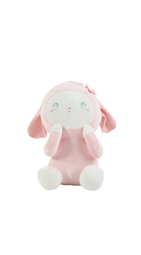 Pink plush rabbit sitting upright, stitched face with blush, floppy long ears.