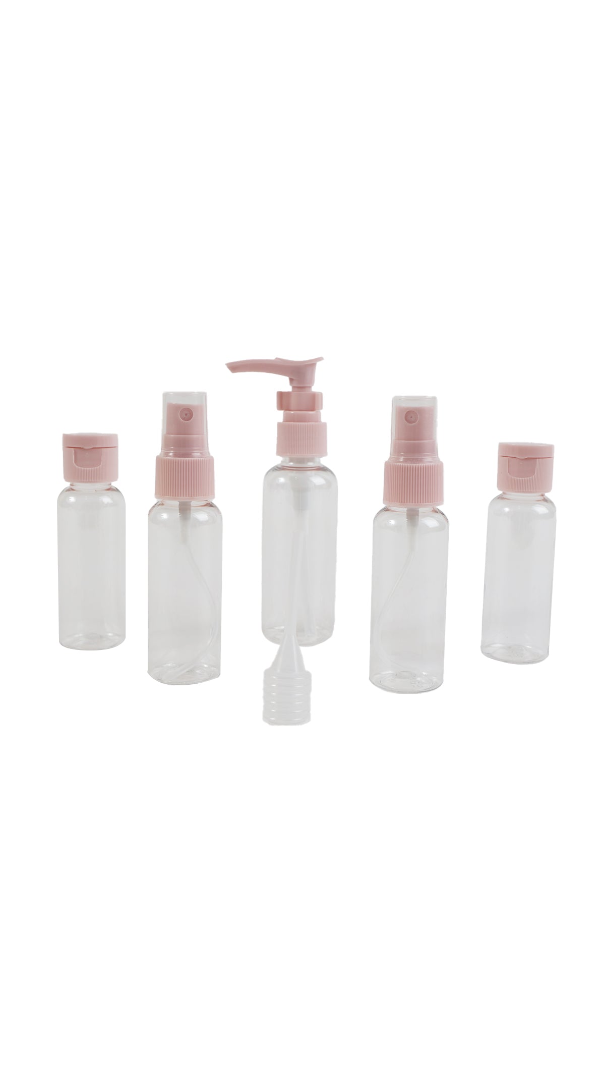 Clear travel bottles set of 7, with pink screw caps and pump top
