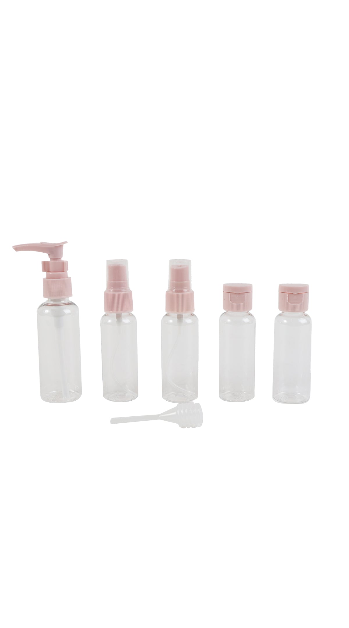 Clear travel bottle set, 7 pieces with pink pumps and caps