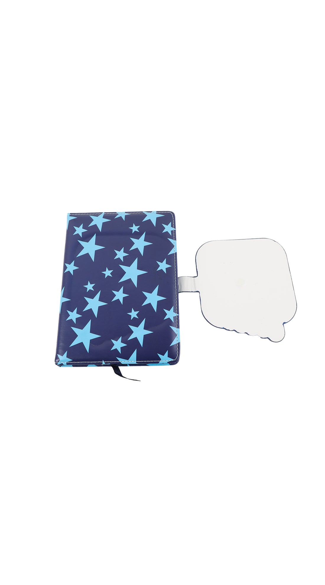 Blue star-pattern notebook with speech-bubble shape on the back cover