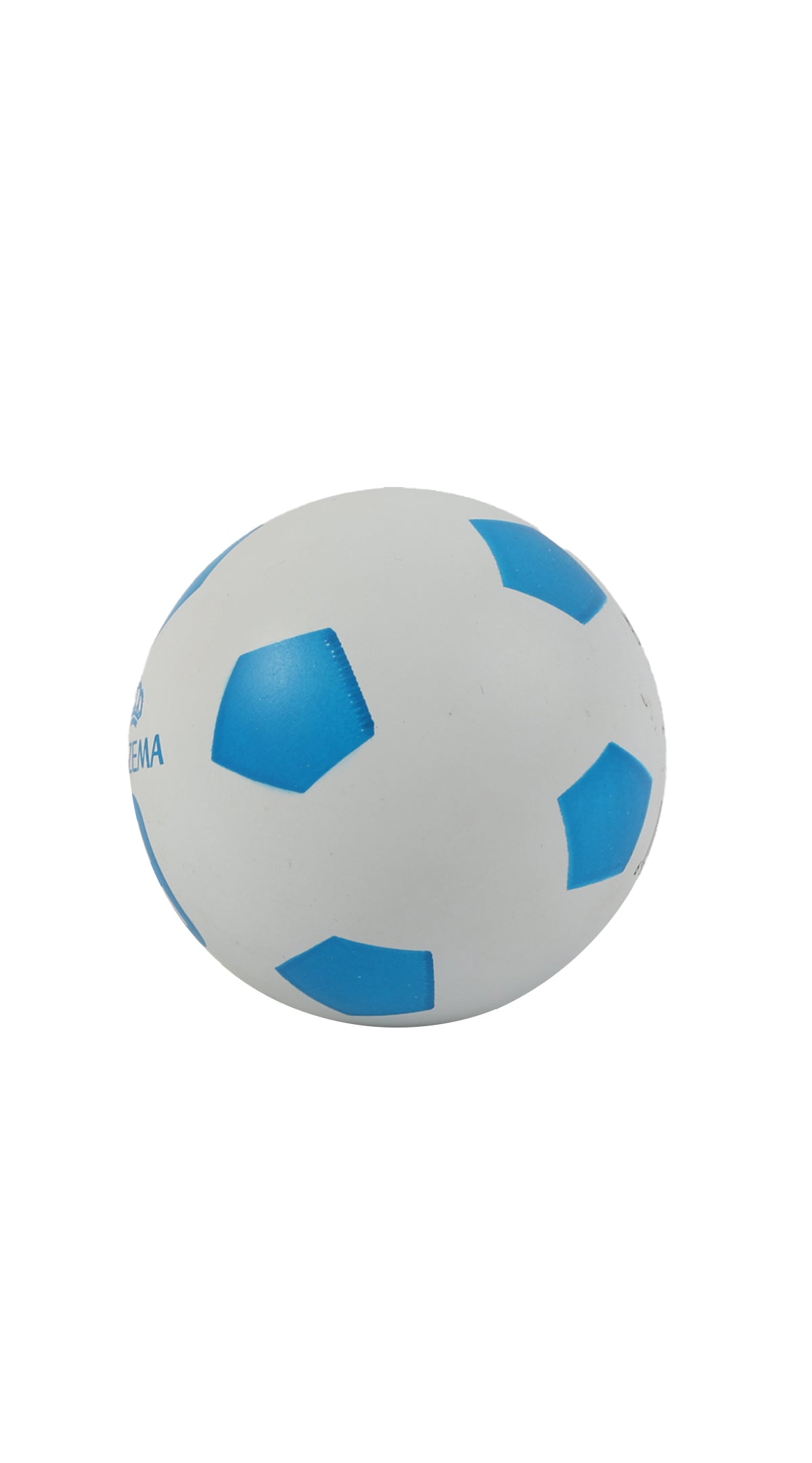 Bouncy football ball with blue pentagon patches