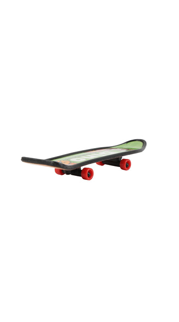 Finger skateboard deck with dinosaur graphic and red wheels