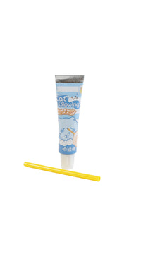 Cat bubble blower tube with blue label and yellow wand