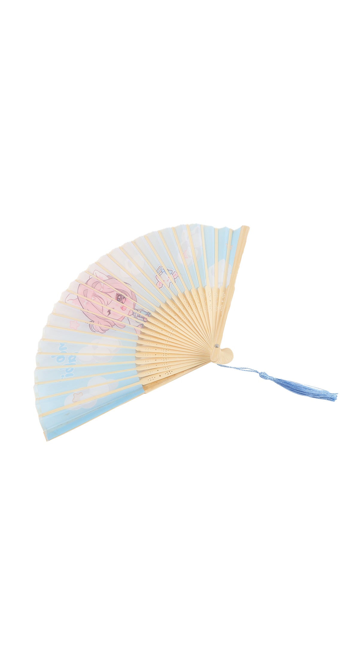 معجب taro round cloth folding fan, open with light blue and pink print