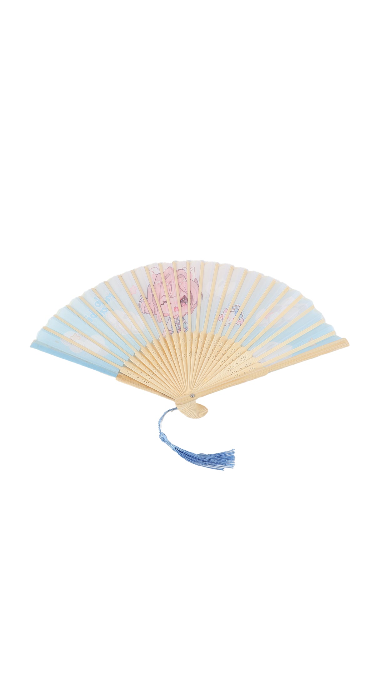 معجب taro round folding fan, open fan with pastel blue and pink design