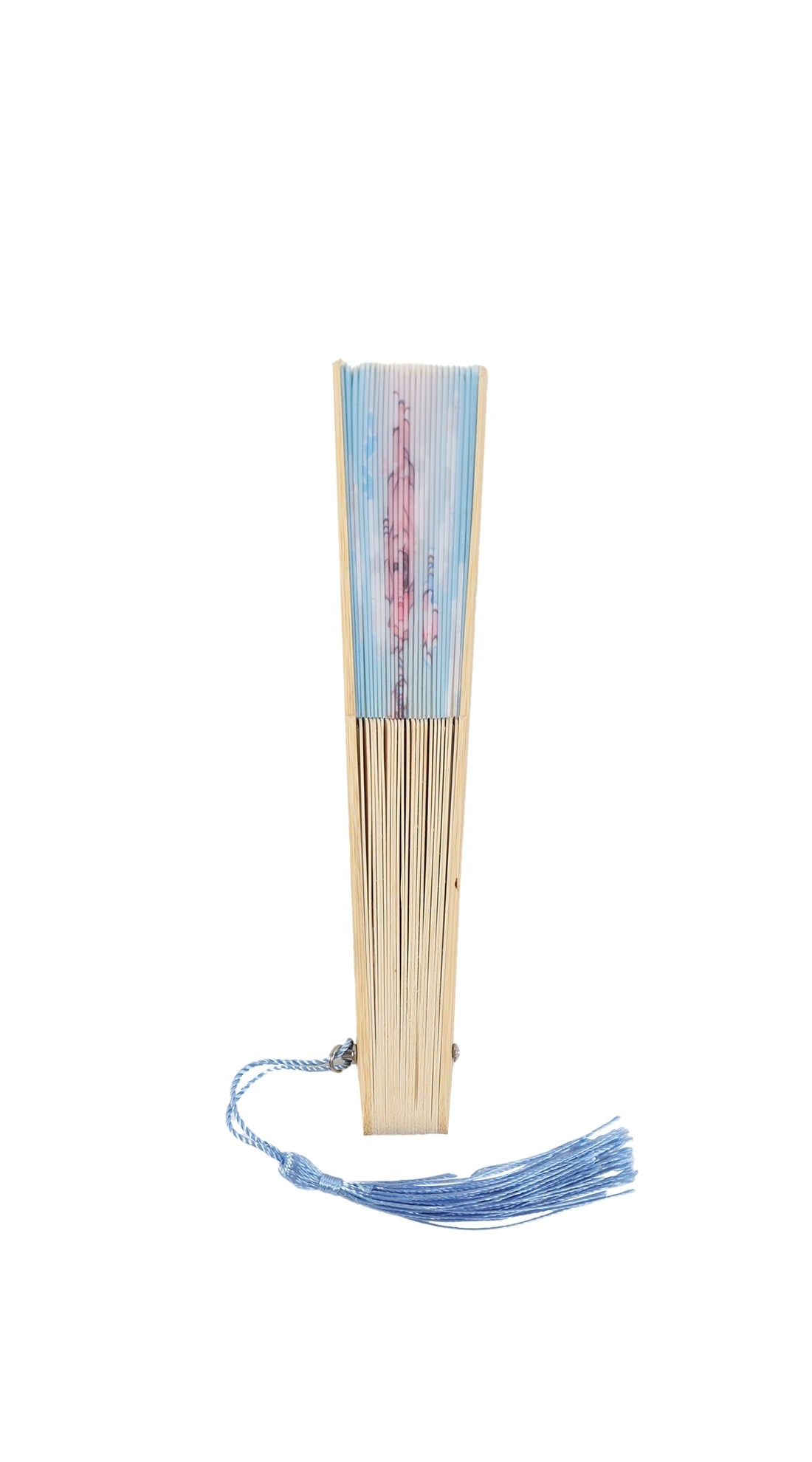 معجب small taro round cloth folding fan, folded with blue tassel