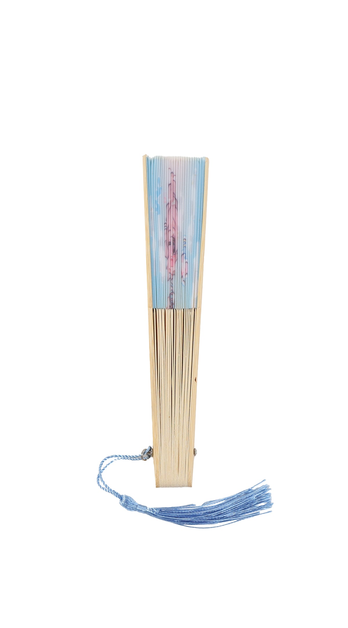 معجب small taro round cloth folding fan, folded with blue tassel