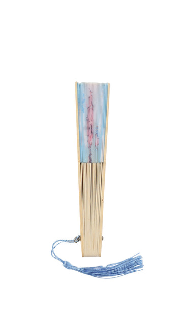 معجب small taro round cloth folding fan, folded with blue tassel
