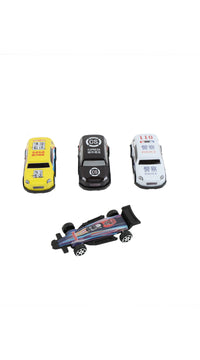 Metal racing car set: yellow, black, and white cars plus angled multicolor blue-red car.