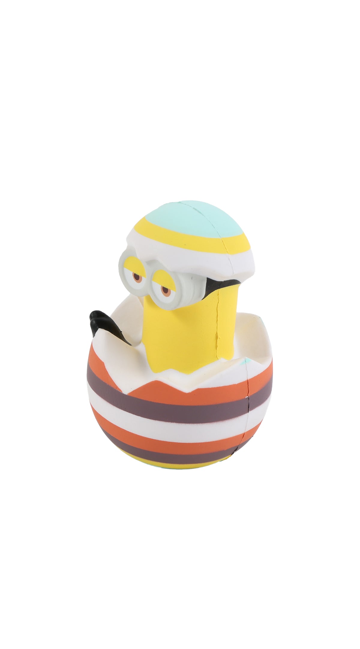 Minion-style egg slow rebound stress toy from side view with striped orange shell and goggles