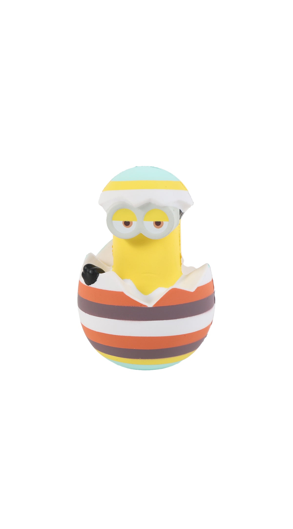 Minion-style egg slow rebound stress toy in striped shell and goggles, hands raised