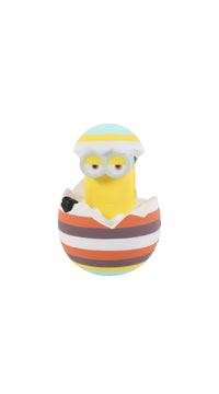 Minion-style egg slow rebound stress toy in striped shell and goggles, hands raised