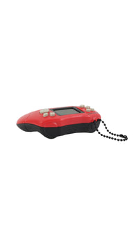Red handheld game console toy with screen, black bottom, and pull cord