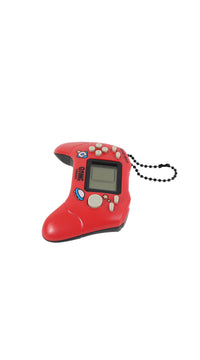 Red boot-shaped handheld game console toy with screen, buttons, and cord