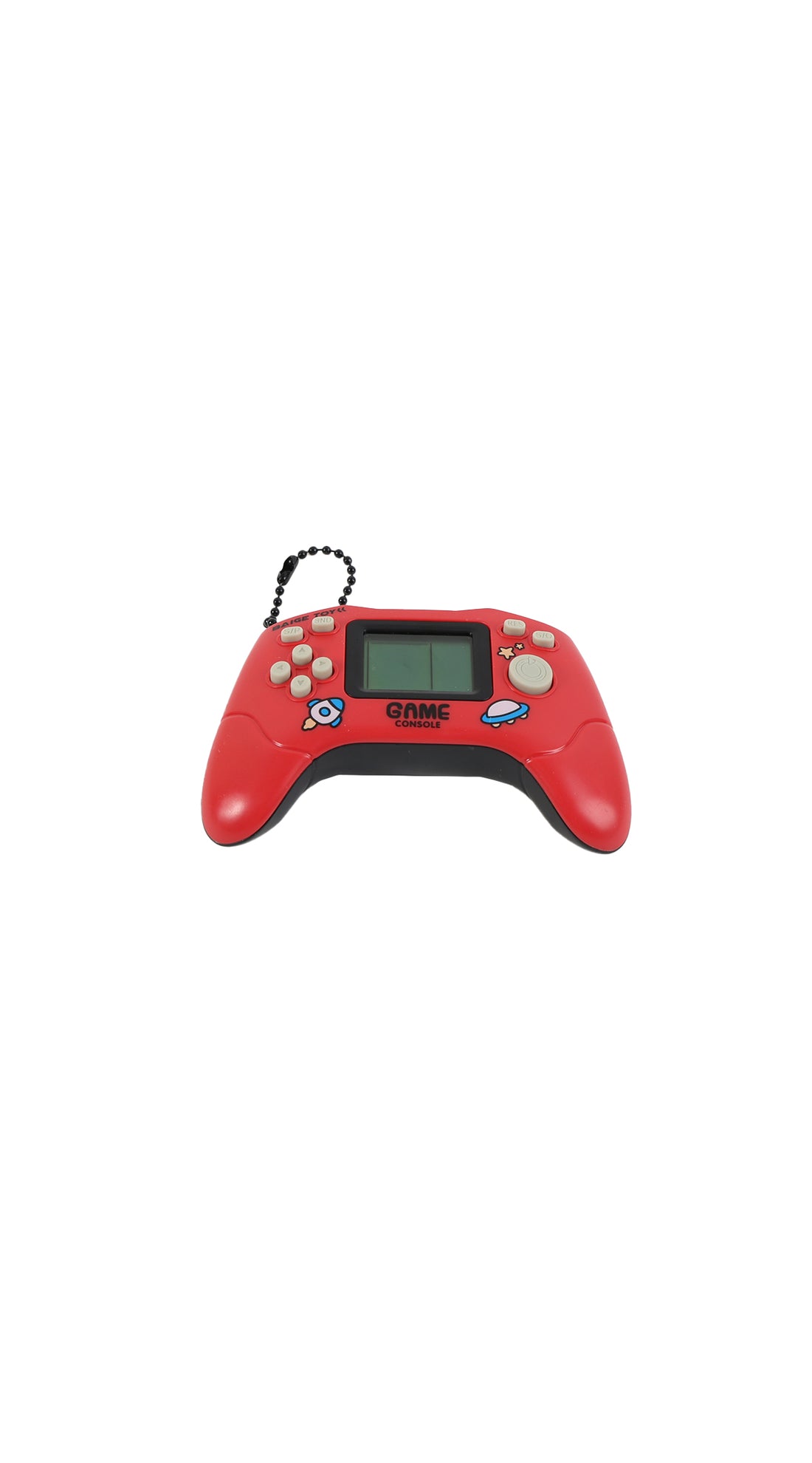 Red handheld game console with small screen, buttons, and wrist cord