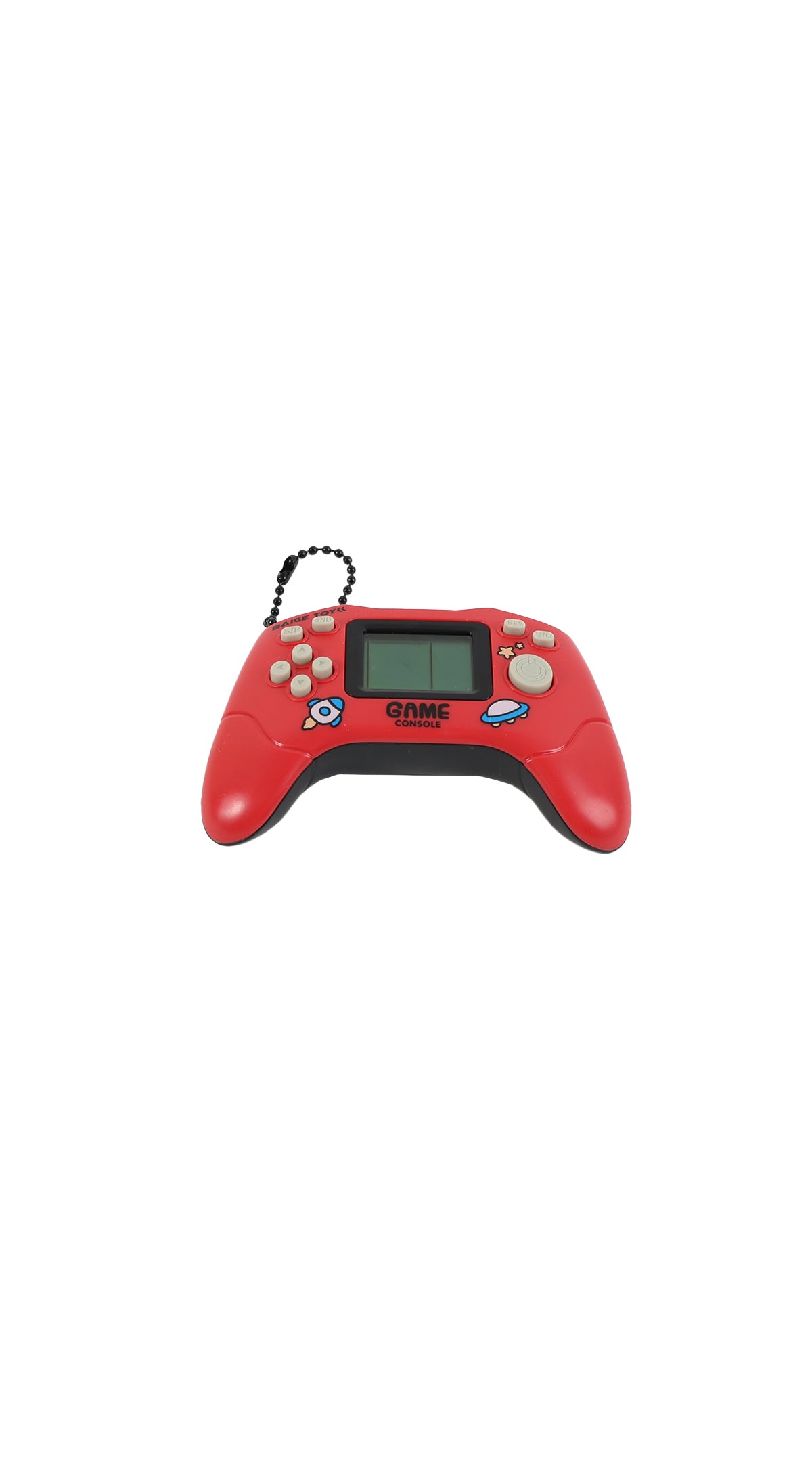 Red handheld game console with small screen, buttons, and wrist cord