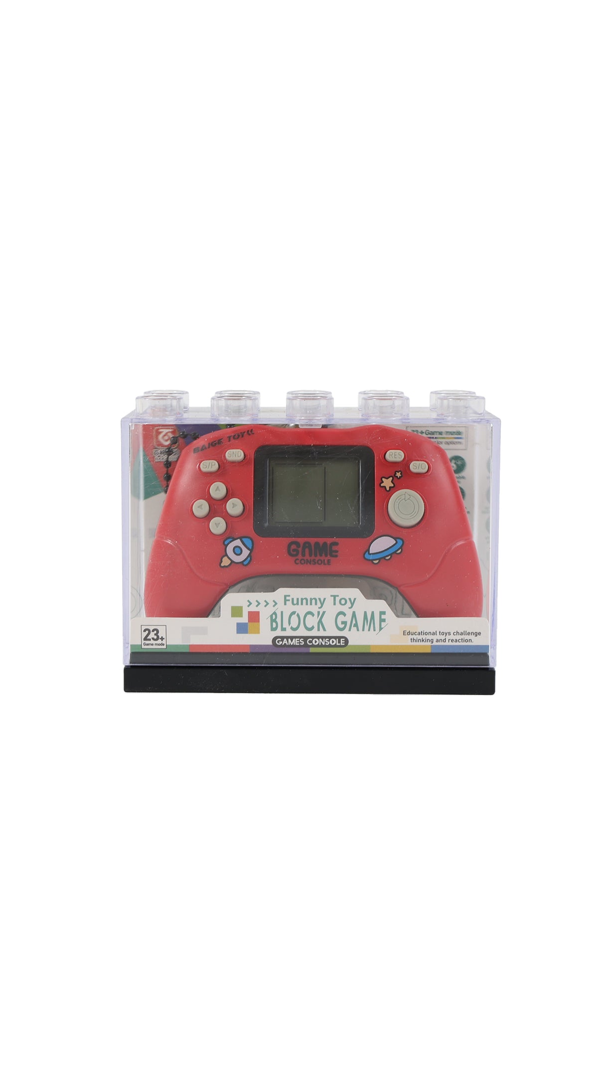 Packaged red handheld game console toy in clear retail box with screen