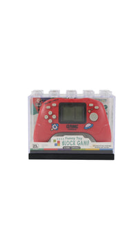 Packaged red handheld game console toy in clear retail box with screen