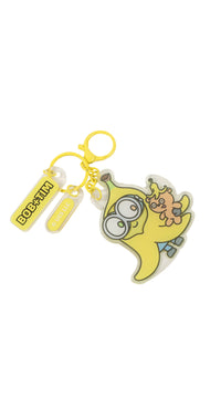 Cartoon keychain charm with yellow chain, rectangular tag, and character face