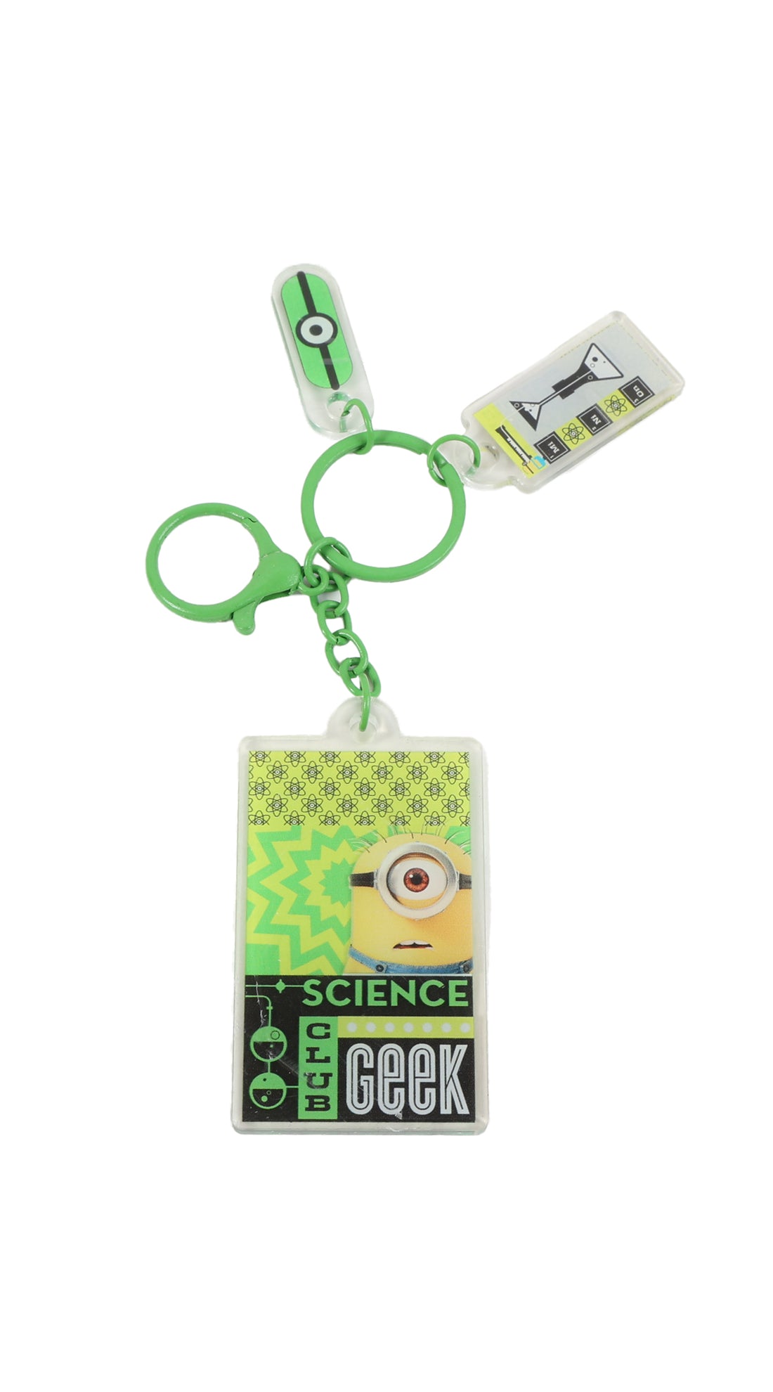 Science Geek keychain with square green science charm and green keyring