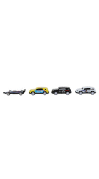 Assorted metal racing cars in a row: small yellow, black, white, and blue cars.
