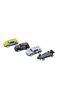 Metal racing car set of four die-cast cars: yellow, black, white, and dark blue.