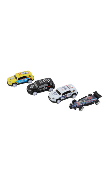 Metal racing car set of four die-cast cars: yellow, black, white, and dark blue.