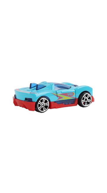 1:64 alloy toy car, light blue with red lower body and multicolor graphics
