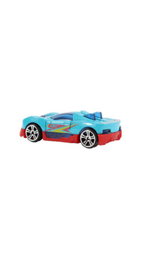 1:64 alloy toy car, light blue 3/4 view with red trim and colorful side graphics