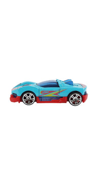 1:64 alloy toy car, light blue side view with red lower panels and stripe graphics